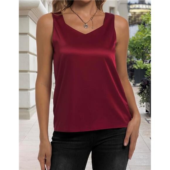 Women's Satin Tank Tops V Neck Wine Red - Picture 3 of 5